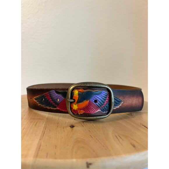 Vintage 90s Painted Eagle Genuine Leather Brass Buckle Belt Size Small main image 7